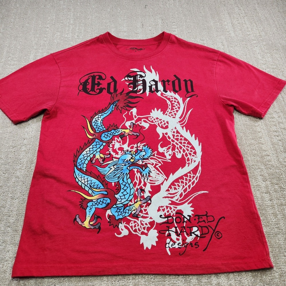 Ed Hardy Shirt Men Small Y2K Style Dragon Japanese Tattoo Big Logo Red Cotton